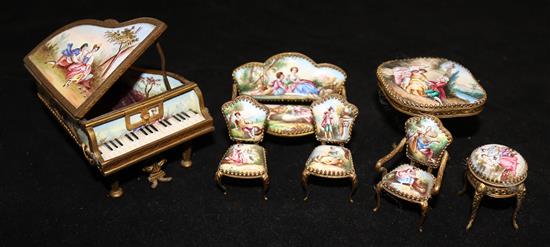 A French enamelled and gilt metal miniature seven piece salon suite, including a piano casket, piano 3.5in.